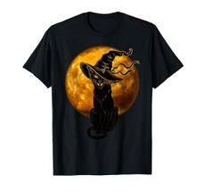 Scary Vintage Black Cat with Witch Hat Full Moon - Halloween T-Shirt
