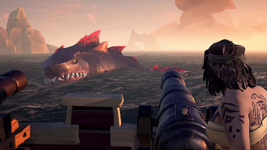 Player on boat aiming cannon at giant shark in ocean at sunset. — Sea Of Thieves Picture