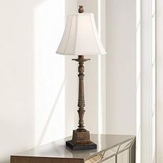Regency Hill Thornewood 35 1/2" Tall Large Traditional End Table Lamp Brown Finish Single Fabric Beige Shade Console Living Room Bedroom Bedside Nightstand House Office Home Reading Kitchen Entryway