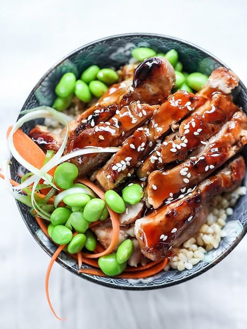 Japanese teriyaki chicken bowl with edamame
