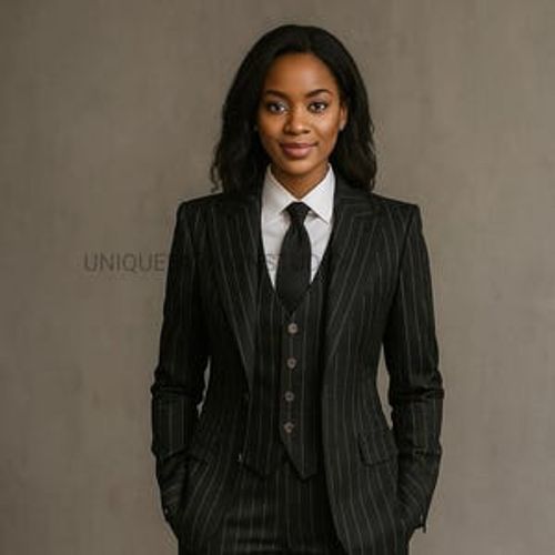 May include: A black pinstripe suit with a white dress shirt and black tie. The suit includes a jacket, vest, and pants. The image shows a woman wearing the suit, with the text "UNIQUE STUD" visible in the background.