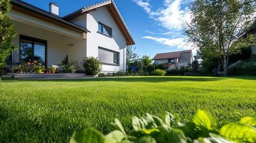 Serene Modern Suburban House with Lush Green Lawn and Picturesque Blue Sky photo