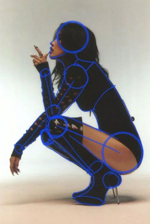 Person in black outfit squatting sideways, overlaid with blue anatomical sketch lines.