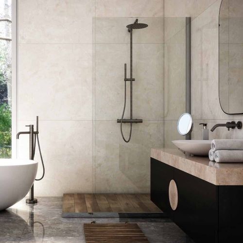 Modern Bathroom Shower with Rustic Colors