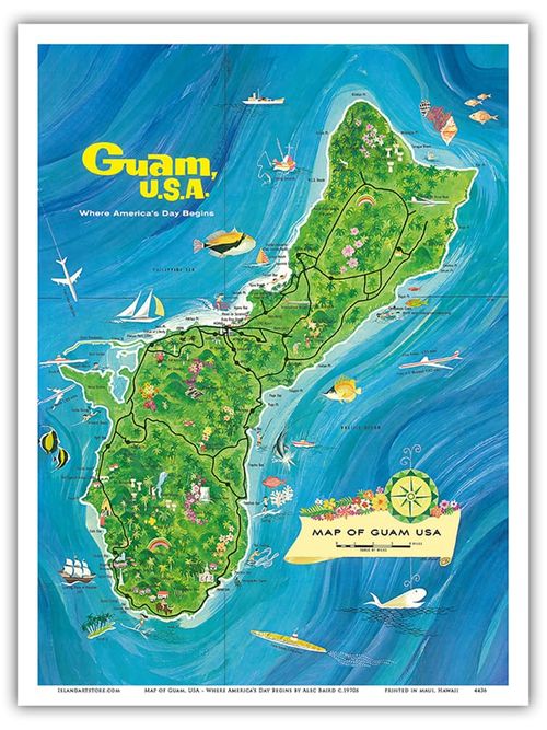 Guam USA - Where America’s Day Begins - Vintage Pictorial Map by Alec Baird c.1970s - Master Art Print (Unframed) 9in x 12in
