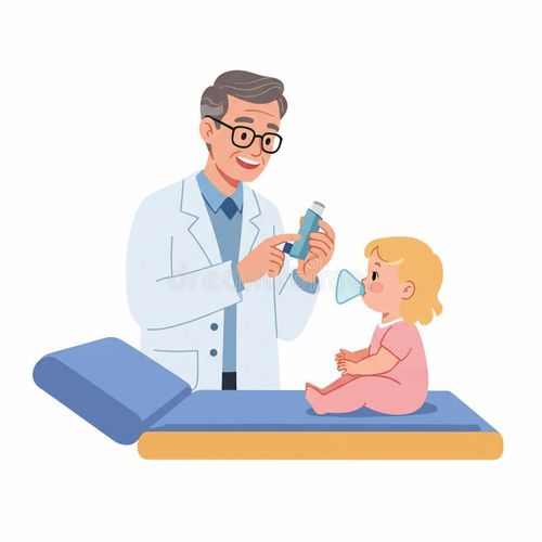 An illustration depicts a doctor in a white coat demonstrating the use of an asthma inhaler with a spacer to a young child sitting on an examination table. The doctor is smiling and holding the inhaler, while the child has the spacer mask over their face. This image conveys a sense of care, medical treatment, and pediatric healthcare. Asthma inhaler cartoon illustrations