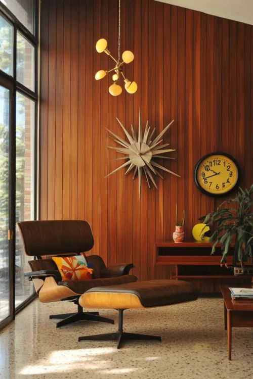 Mid century modern interior with vibrant colors, organic shapes, and clean lines throughout