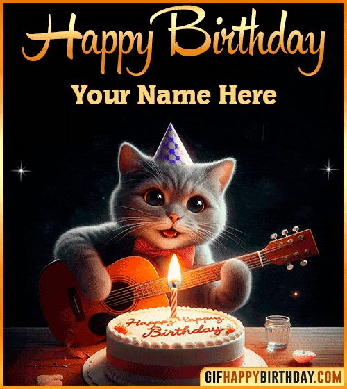 Cat with Guitar Happy Birthday GIF with Name – A cute cat playing guitar next to a birthday cake and candle. A funny animated greeting to customize for free and share with friends.