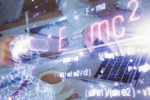 科学公式全息图与人在计算机背景下工作。教育概念。加倍暴露.