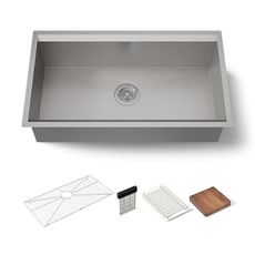 Kohler K-28876 Tempered 32-1/4" Undermount Single Basin Stainless Steel Workstation Kitchen Sink with Walnut Cutting Board, Knife Holder, Drying Rack, and Bottom Sink Rack - Stainless Steel