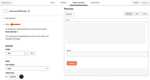 The form editor, showing the Style &amp; preview tab and highlighting the form's style settings.