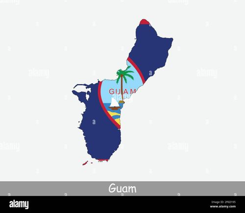 Guam Map Flag. Map of Guam with the Guamanian flag isolated on white background. Unincorporated and organized U.S. territory. United States Overseas T - Stock Image
