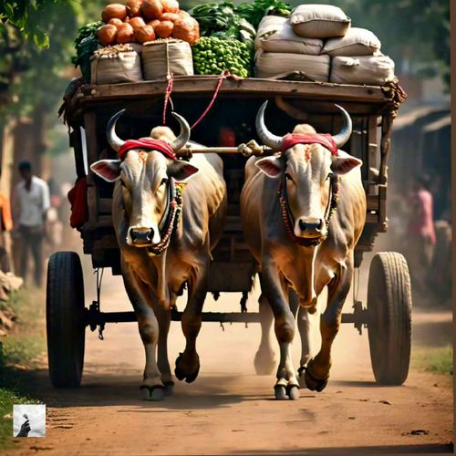 two bulls pulling a cart full of produce down a dirt road