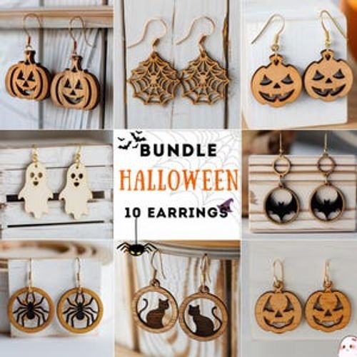 Halloween Bundle 10 Earrings Wood Laser Cut Svg