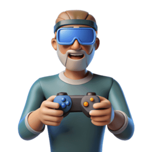 Virtual reality Man Gamer hands holding gaming console controller. joyful man in 3d glasses. png