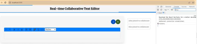 Console log showing WebSocket connection established