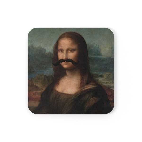 Mona Lisa coaster set, funny art coaster, mustache graffiti art, Da Vinci masterpiece, Mona Lisa parody