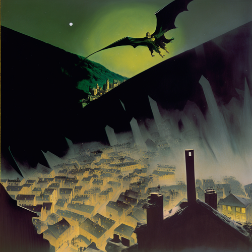 Nazgul over sleeping town by Ernst Haas, Midjourney prompt with --stylize 0, showcasing unique styling strength and composition.