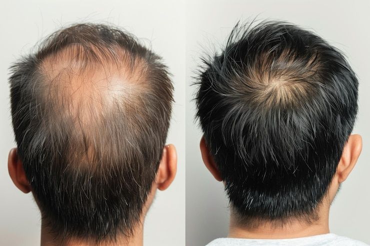 Photo before and after comparison of hair loss treatment effectiveness