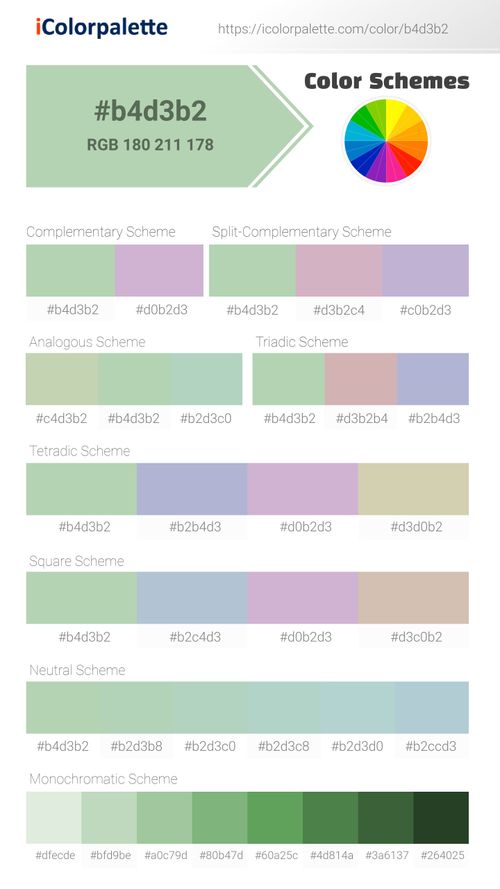 Beautiful color schemes for Pantone 13-0116 Tcx Pastel Green Color | Hex color Code #b4d3b2. Includes complementary, analogous, and triadic combinations ready for your design projects. #colorpalette #colorscheme #graphicdesign #b4d3b2