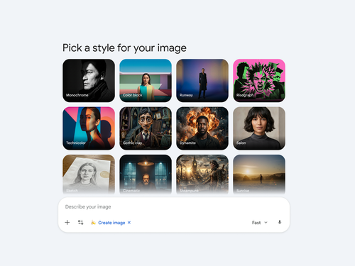 A user interface for the Gemini app template feature labeled, "Pick a style for your image." It shows a grid of 12 preview tiles with different artistic styles like "Monochrome," "Gothic clay," and "Steampunk," above a text prompt box that says "Describe your image."