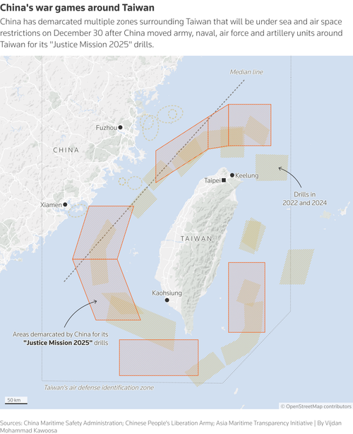 Map showing five zones around Taiwan marked by China for December 30 military drills, and past drill areas.
