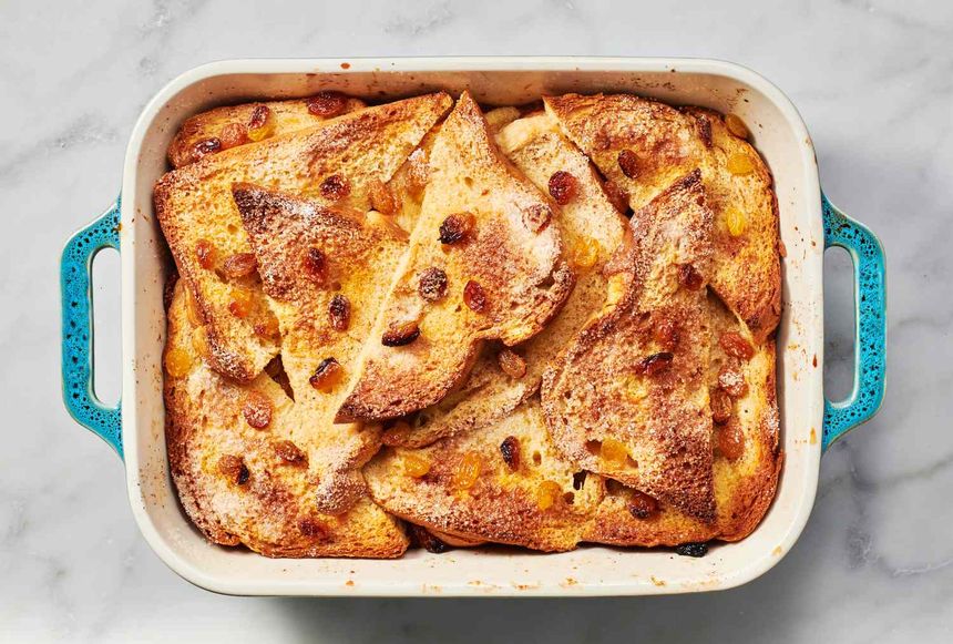 A baking dish of bread and butter pudding