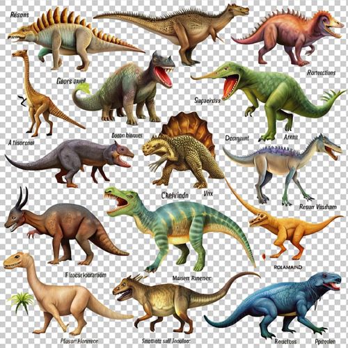 PSD differenttypesofdinosaurswithnames on transparent background