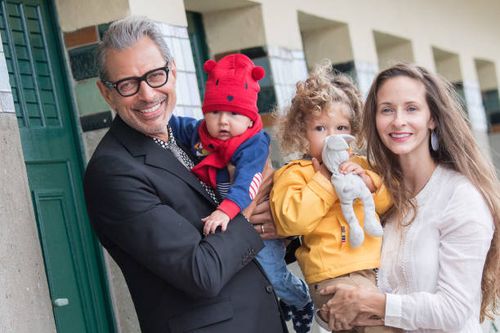 Jeff Goldblum, his sons: River Joe and Charlie Ocean, and his wife Emilie Livingston pose in front of Goldblum's dedicated beach locker room on the...