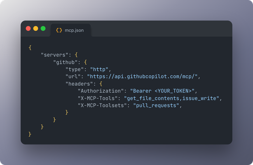 VS Code mcp.json configuration combining the pull_requests toolset with individual tools like issue_write and get_file_contents
