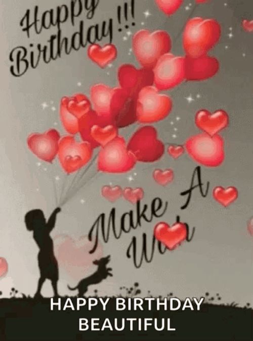 Happy Birthday Beautiful Red Hearts Flying GIF