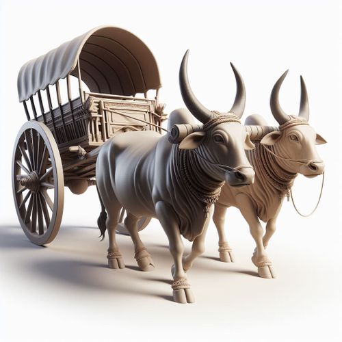two wooden oxen pulling a cart with large horns on the front, and an old fashioned buggy behind them