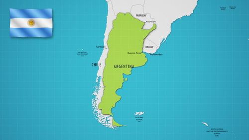 Argentina on the World Map with the country's national flag flying.