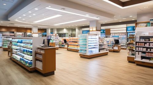 modern pharmacy's interior. photo showcases the clean and well-organized space where essential healthcare products and services are accessible to the community.