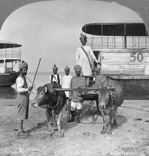 Military transport cart with an escort of Indian soldiers, Burma, 1898. Stereoscopic card. Detail.