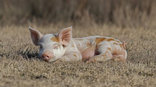 Sleepy piglet resting in dry grass, stunning background Generative AI. Sleepy pig illustrations
