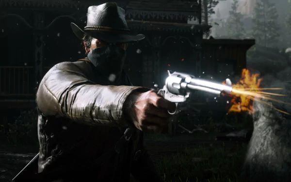 HD desktop wallpaper from Red Dead Redemption 2 featuring Arthur Morgan aiming and firing a revolver, showcasing the game's intense action and detailed graphics.