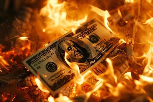 One hundred dollar bills burning in flames of fire photo