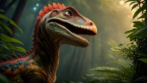 Dinosaurio close up in jungle, cute baby dinosaur looking with big eyes