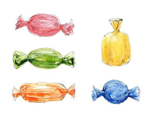 four different colored candies are shown in this drawing