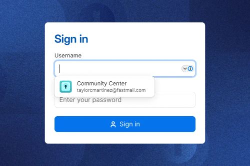 Sign-in page displaying fields for Username and Password, with autofill suggestions from 1Password’s password manager.