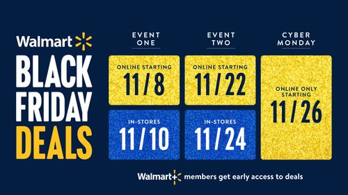 Image shows the words "Walmart Black Friday Deals" in capital letters. The image also show a collage of event dates.