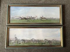 2 Antique Framed Horse Racing Prints Henry Alken 61x26cms Hand-coloured Epsom