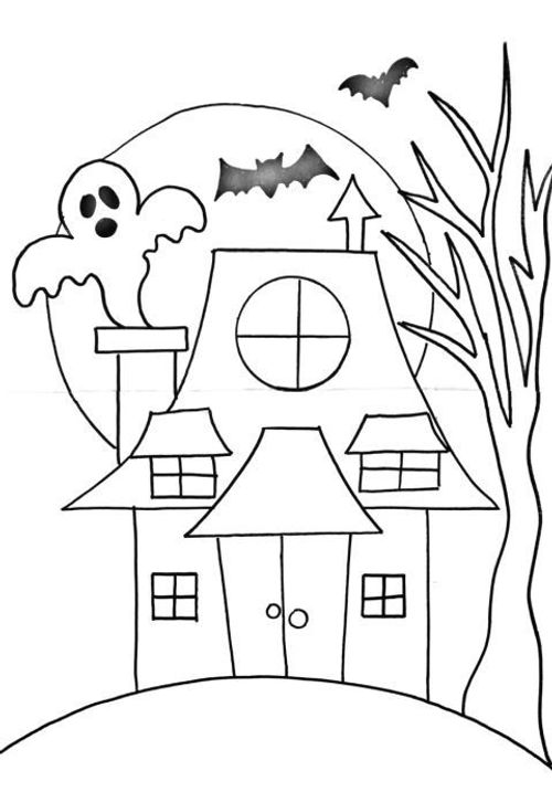 Haunted House Outline Drawing, Simple Haunted House Outline, Halloween House Coloring Pages, Halloween Bat Coloring Pages, Haunted House Template Pdf, Haunted House Drawing, Halloween Color Palette, Painting Templates, Halloween Painting