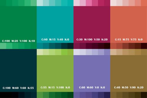 CMYK color palette chart featuring 8 labeled swatches with CMYK values and common color names like Emerald Green, Teal, Magenta, Coral, Navy, Lime, Lavender, and Bronze.