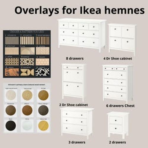 May include: White IKEA Hemnes dresser with 8 drawers, 6 drawers, 4 drawers, 3 drawers, and 2 drawers. The dresser is available in different sizes and configurations. Choose a pattern you like from the selection of 12 patterns. Artvoom's primary colors (natural wood veneer) are shown in the image.