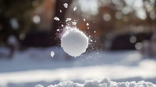 A dynamic moment of a snowball mid-air during a heated snowball fight.