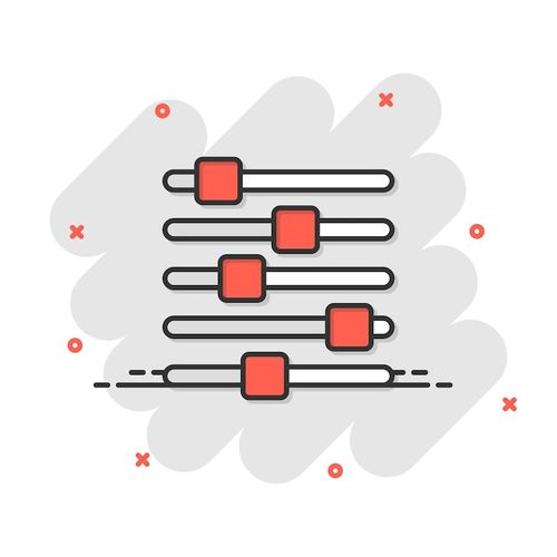 Vector control volume icon in comic style audio adjusting cartoon sign vector illustration on white isolated background filter splash effect business concept