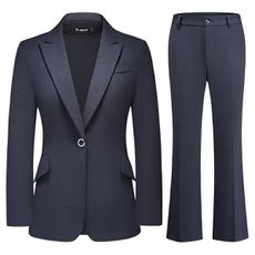 TRONSTORE Women's Suit 2 Piece Set Pinstripe Blazer and Bootcut Dressy Pants Set for Work Office Business Outfits-Navy Blue L