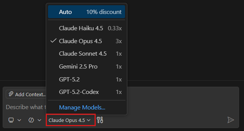 Screenshot of the language model picker in the Chat view, showing a dropdown list of available models.